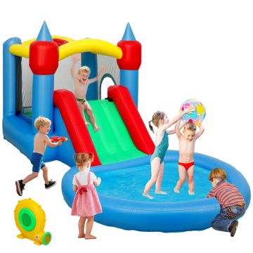 AIYAPLAY Castel gonflabil 4 în 1 cu tobogan, coș de baschet, piscină cu bile, ventilator 370W, 415 x 205 x 190 cm | Aosom Romania