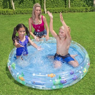 Piscina gonflabila Bestway 152x30 cm Deep Waters Albastru, 3 inele, Material PVC rezistent, Capacitate 282 litri, Pereti transparenti cu pestisori colorati