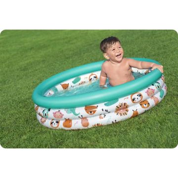 Piscina gonflabila pentru copii Bestway Funny Animals Blue, Diametru 102x25 cm, Material PVC rezistent, Capacitate 101 litri, Kit reparatie inclus